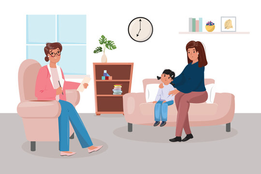 Mother and daughter in psychotherapy. Psychology, depression, children psychology, family concept illustration.
