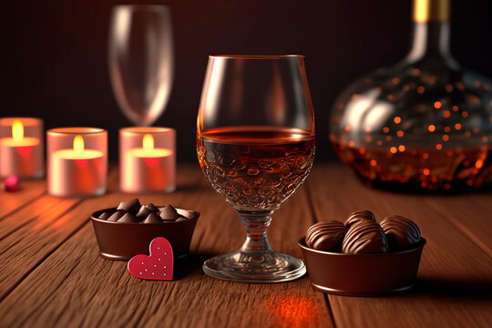 Valentine's day ,  festive lights background hearts scene with chocolates and drink,  love valentine's day shiny background