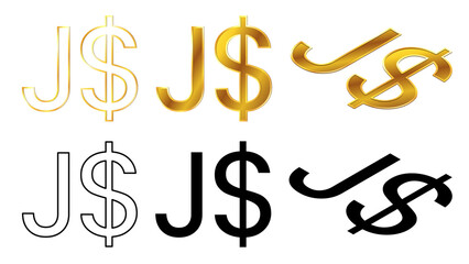 Jamaican dollar JMD currency golden signs, silhouette and outline isometric top and front view isolated on white background. Currency by Central Bank of Jamaica. Clipart.