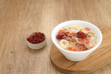 Peach Gum, Chinese traditional drink that contains peach gum, bird nest, red dates, snow fungus, goji berry, and rock sugar. 
