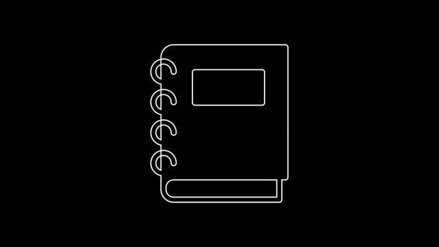 White line Notebook icon isolated on black background. Spiral notepad icon. School notebook. Writing pad. Diary for school. 4K Video motion graphic animation
