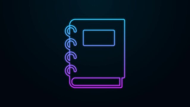 Glowing neon line Notebook icon isolated on black background. Spiral notepad icon. School notebook. Writing pad. Diary for school. 4K Video motion graphic animation