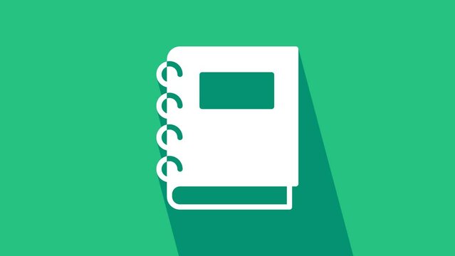 White Notebook icon isolated on green background. Spiral notepad icon. School notebook. Writing pad. Diary for school. 4K Video motion graphic animation
