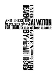 bible quotes (acts 4:12) white text framed in christian cross on black background - vector