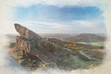 Digital watercolor of sunrise at Ramshaw Rocks in the Peak District National Park.