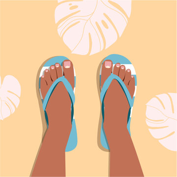 A pair of female legs with a pedicure in beach slippers. Beach shoes. Color slippers. Female stands in flip-flops, cartoon style. Summer vacation and relaxation. Illustration flat design.