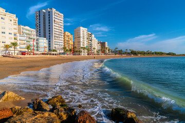 Vinaros beach Spain Costa del Azahar beautiful golden sand and waves in spanish sunshine