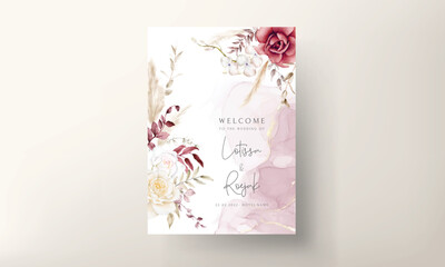 Watercolor wedding invitation template with maroon and peach floral