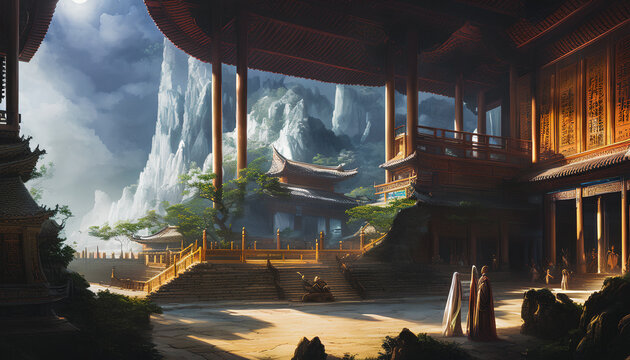 Painting of an ancient temple in the dramatic landscape. Generative AI