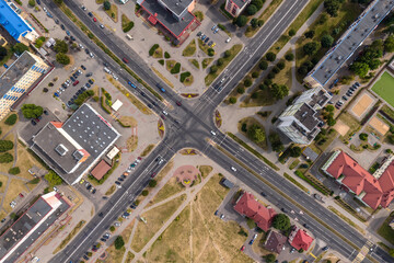 aerial view of road interchange or highway intersection. Junction network of transportation taken by drone.