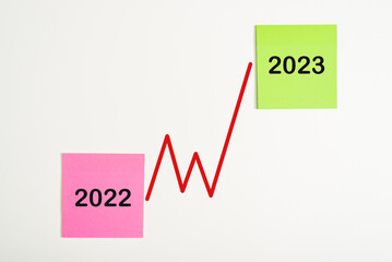 Two stickers memo with text 2022 and 2023, curve red growth chart on white background. Concept of finance, investment