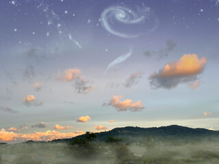Fototapeta na wymiar Fantasy picture. Distant interstellar galaxy and terrestrial landscape. Starry sky with bright clouds illuminated by sunset's glow. Green hills on the horizon. Thick fog covers a valley. Digital art.