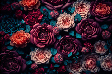 Fototapeta Background made out of a fantasy miracle multi colors bed of roses,Generative AI. obraz