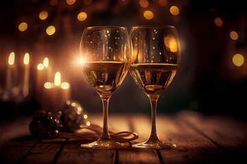 Two glasses of wine with festive background. Celebrating New Years Eve. Happy New Year!