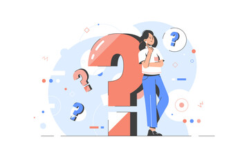 Woman with a big question mark. Questions concept. Curiosity. Answers on questions. Faq. Business vector flat illustration