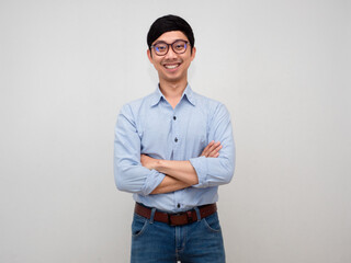 Positive leader businessman glasses standing crossed arms confident smile isolated