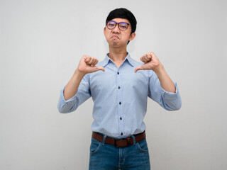 Businessman wear glasses point finger at himself posing confident isolated