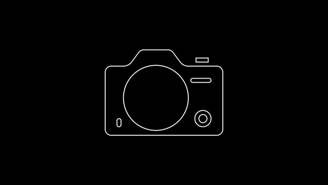 White line Photo camera icon isolated on black background. Foto camera. Digital photography. 4K Video motion graphic animation
