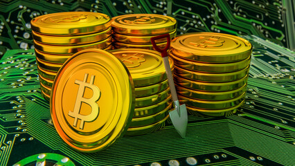 Golden coins with bitcoin symbol on a main board. Illustration of crypto mining.