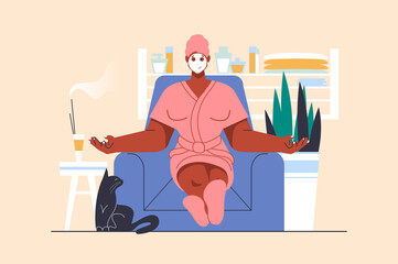 Spa salon concept with people scene in flat design. Woman with moisturizing facial mask sits in chair, relaxes and enjoys aromatherapy and care. Illustration with character situation for web