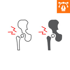 Hip fracture line and solid icon, outline style icon for web site or mobile app, pelvis and pain ,bone fracture vector icon, simple vector illustration, vector graphics with editable strokes.