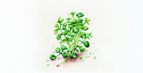 Cress. watercolor on white paper background. Illustration of vegetables and greens