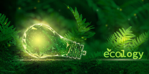 Ecology, recycling, green energy, safe electricity concept. A glowing light bulb and the inscription Ecology in the forest among the ferns. Low-poly frame design on photography. Copy Space