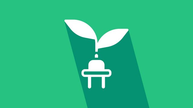 White Electric saving plug in leaf icon isolated on green background. Save energy electricity. Environmental protection. Bio energy. 4K Video motion graphic animation