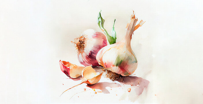 Garlic. watercolor on white paper background. Illustration of vegetables and greens