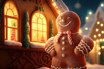 Smiling gingerbread man in front of the gingerbread house, AI generated image
