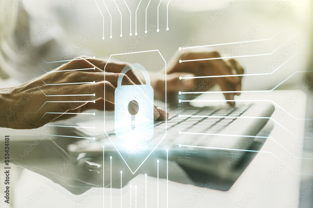 Poster Creative lock illustration with microcircuit and hands typing on computer keyboard on background, cyber security concept. Multiexposure