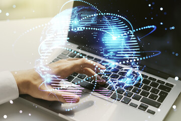 Abstract graphic digital world map with connections and hands typing on computer keyboard on background, globalization concept. Multiexposure