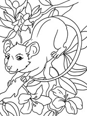 Rat on a tree branch, flowering tree. Children coloring book. Raster.