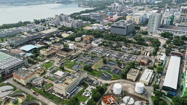 Tai Po Sewage Treatment Works, Facility in Tai Po Industrial Estate, aerial view on reservoirs