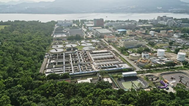 Sewage Treatment Facility in Tai Po, Hong Kong, Primary and Final Sedimentation, Sludge Digestion Facility, aerial view