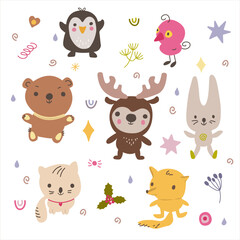 Hand drawn cute animal collection. Doodle isolated illustration with animals.