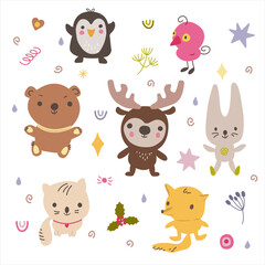Obraz premium Hand drawn cute animal collection. Doodle isolated illustration with animals.