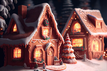 Beautiful magical village with gingerbread houses decorated for Christmas with a Christmas tree, AI generated image