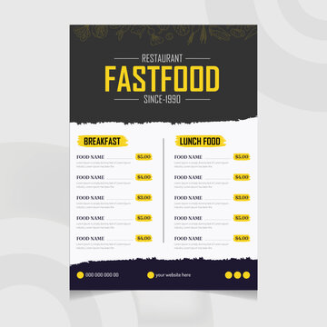 One Page Food Menu & Restaurant Flyer Brochure Template Design