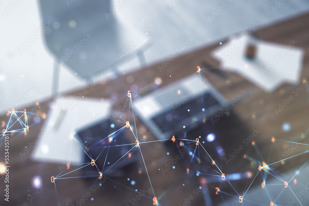 Aufkleber Creative abstract wireless technology hologram and modern desktop with pc on background, artificial intelligence and machine learning concept. Multi exposure