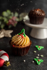 Christmas Cupcakes moody lifestyle seasonal background, home baking