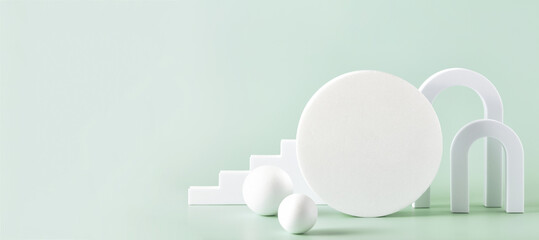 Banner. Abstract background with various geometrical forms and podiums in pastel color for product presentation
