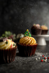 Christmas Cupcakes moody lifestyle seasonal background, home baking