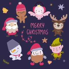 Collection of Christmas and New year characters. Santa Caus, deer, snowman, elf, angel, gingerbread man.