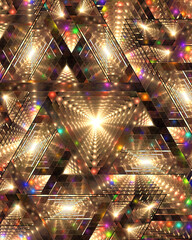 Abstract fractal art which suggests infinite mirrors reflecting multi-colored lights. Disco, party, celebration.