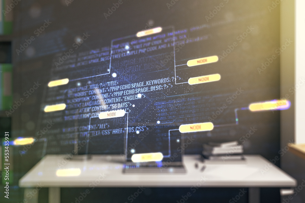 Poster multi exposure of abstract graphic coding sketch and modern desktop with pc on background, big data 