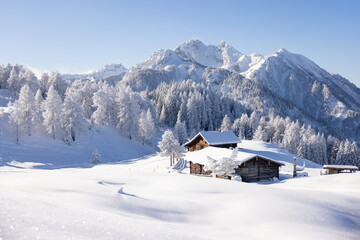 Fototapeta na wymiar Traditional wooden house in the Alps covered with snow.