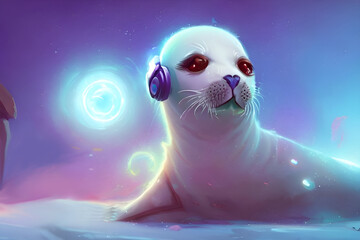 foca bianca che con cuffie musica, generative ai