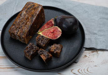 Dark dried figs bread with chocolate, sweet dessert, pairing with Dutch old cheeses