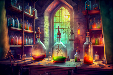 Scientific laboratory. Medieval science laboratory. Fantasy lab with different glassware and solutions, generative ai illustration